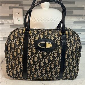 Dior Beige and Navy Monogram Satchel with Gold Hardware